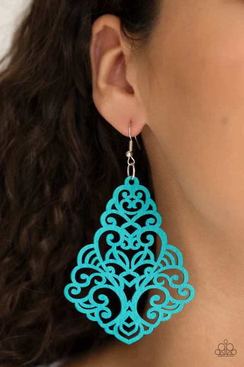 Powers of ZEN -Oversized  Blue Airy Swirl Filigree Wood Earrings E#2703