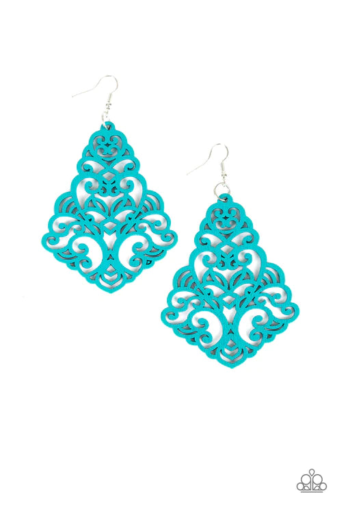Powers of ZEN -Oversized  Blue Airy Swirl Filigree Wood Earrings E#2703