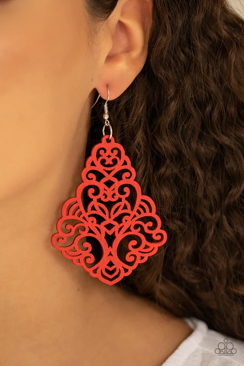 Powers of ZEN - Oversized  Robust Red Airy Swirl Filigree Wood Earrings E#4499
