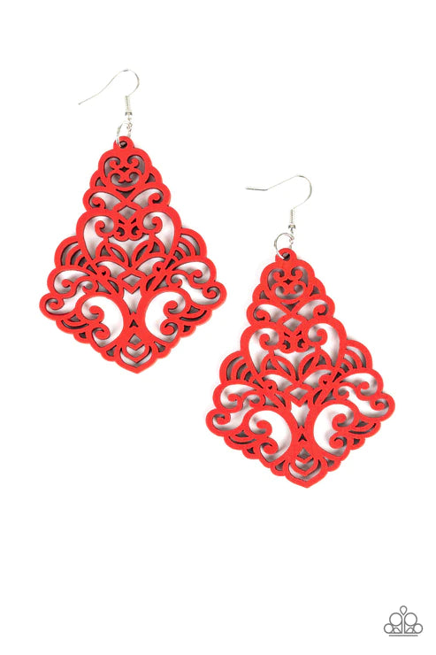 Powers of ZEN - Oversized  Robust Red Airy Swirl Filigree Wood Earrings E#4499