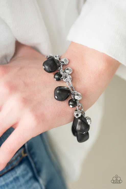 Practical Paleo - Chunky Black Round/Asymmetrical Cuts Faceted Metallic Shimmer Trickle Stone Double Chain-Linked Fringe Bracelet B#7316