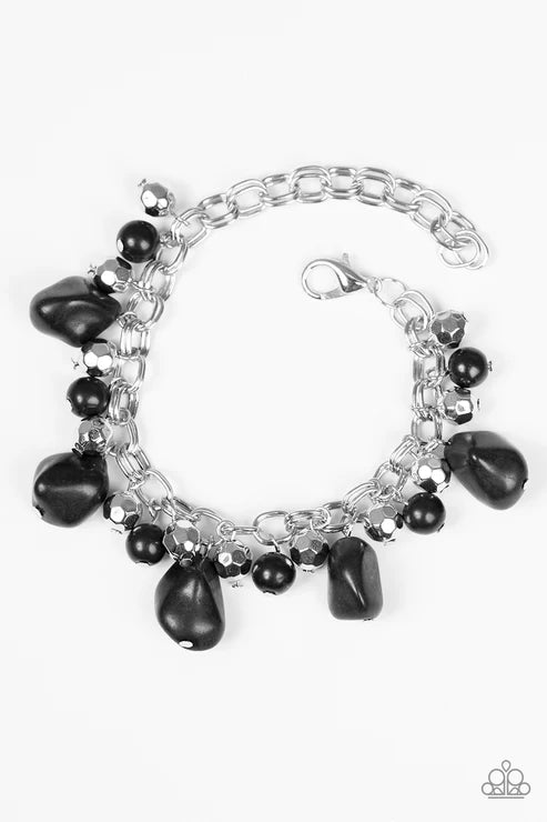 Practical Paleo - Chunky Black Round/Asymmetrical Cuts Faceted Metallic Shimmer Trickle Stone Double Chain-Linked Fringe Bracelet B#7316