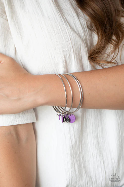 Prairie Plains - Purple Infused mismatched Floral Charm Stone Discs Hammered Bangles Slides Along Bracelet Stack B#5268