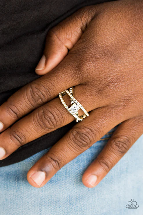 Prepare To Be Dazzled! - Brass Crisscross Encrusted BarsRing R#5661