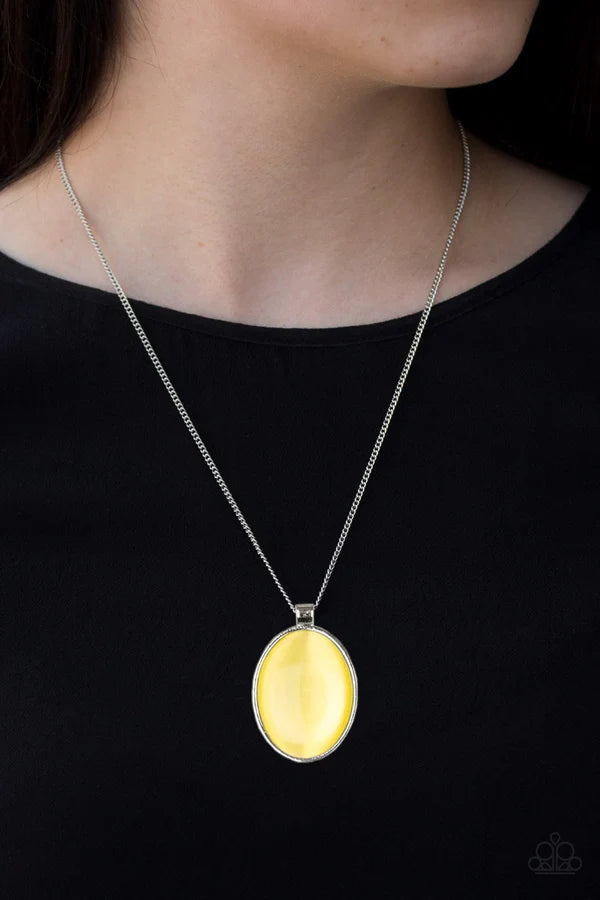 Pretty Poppin - Oversized Yellow Cat's Eye Moonstone Whimsical Pendant Necklace N#6816
