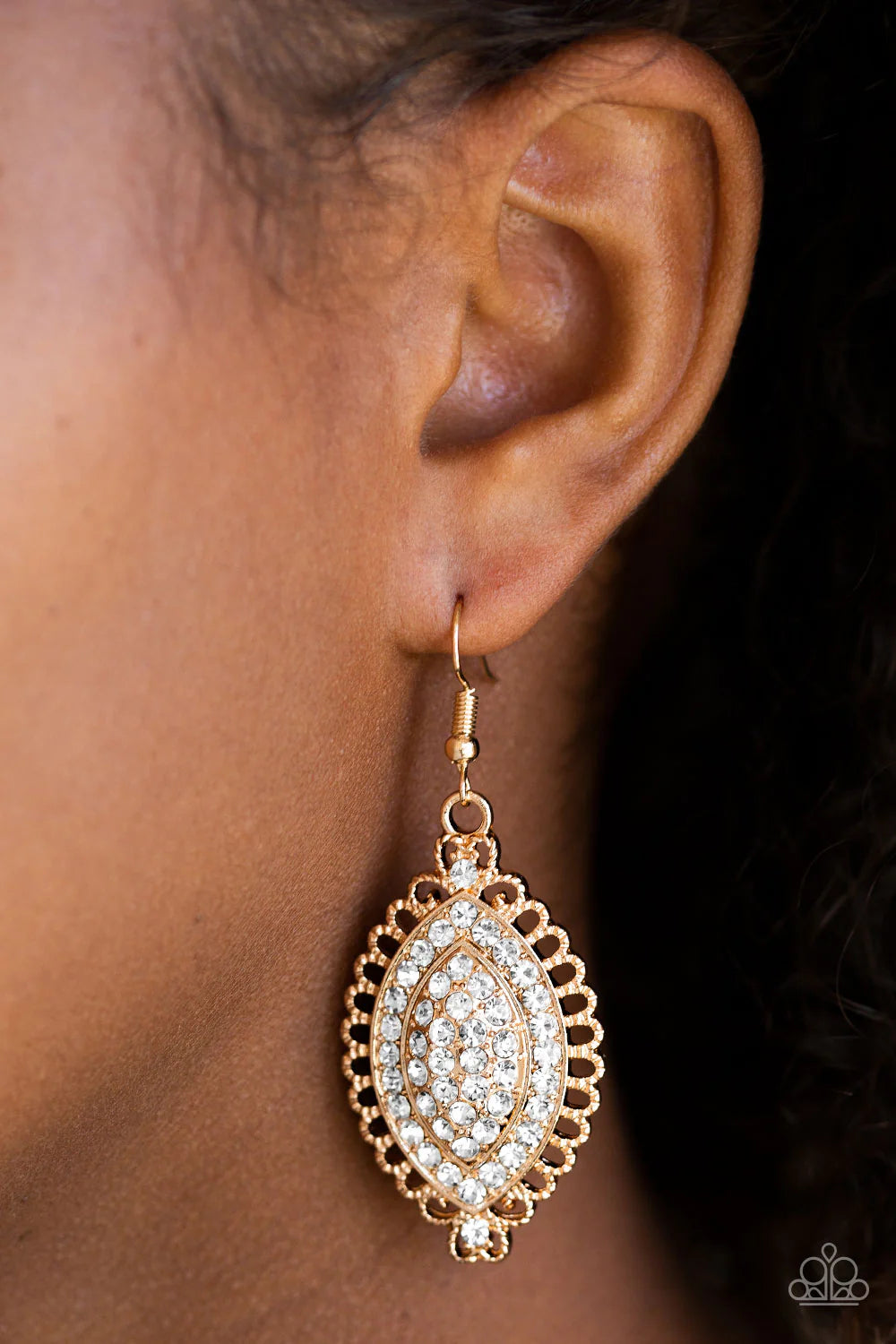 Pretty Prestigious - Gold Ribbon Encrusted Marquise Hoop Earrings E#7147