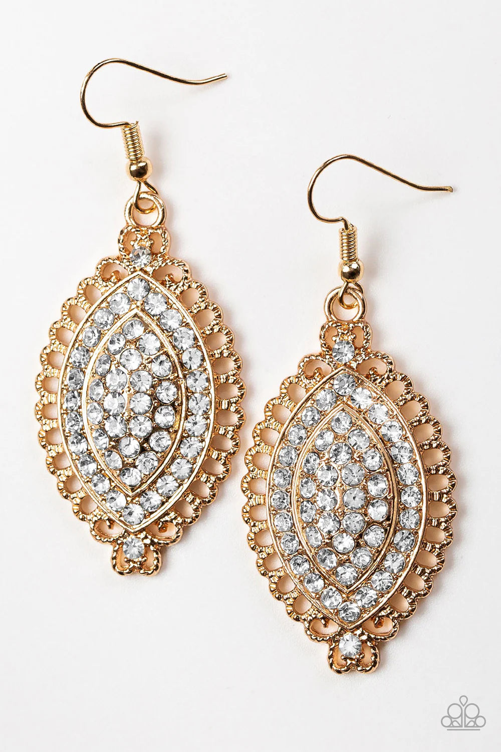 Pretty Prestigious - Gold Ribbon Encrusted Marquise Hoop Earrings E#7147