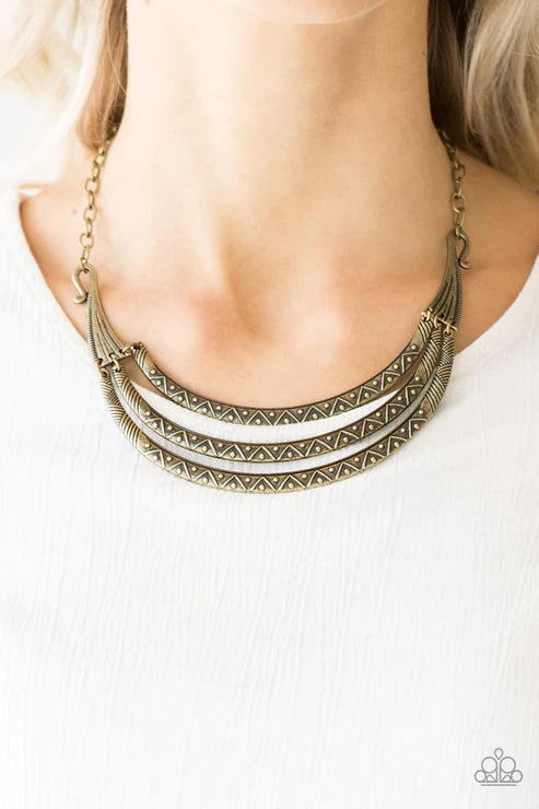 Primal Princess - Brass Antiqued Embossed Dotted/Studded Zigzagging Ornate Textured Indigenous Crescent Plates Necklace N#4563