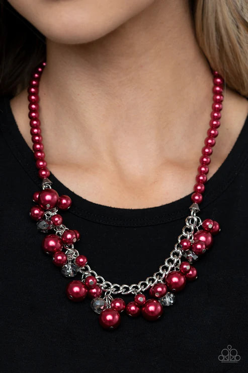 Prim and POLISHED - Oversized Red/Smoky Metallic Pearl Cluster Flecked Crystal Fringe Necklace N#5569
