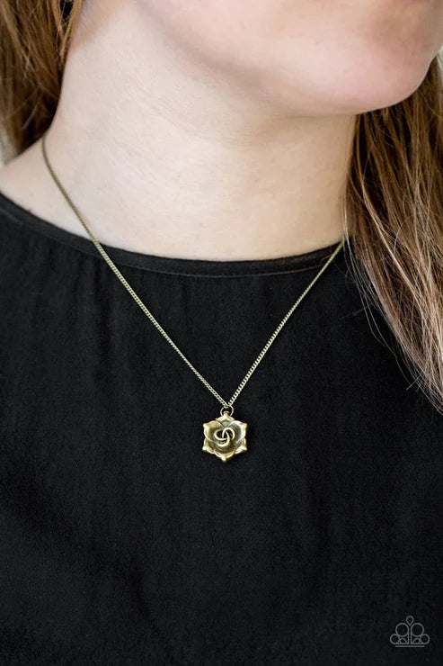 Primrose Path - Brass Shimmer 3D Folded Rosebud Necklace N#4542