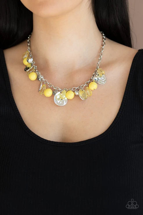Prismatic Sheen - Yellow Shimmer Hammered Crystal Disc Teardrop Fringe Necklace N#3998