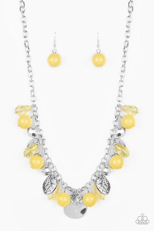 Prismatic Sheen - Yellow Shimmer Hammered Crystal Disc Teardrop Fringe Necklace N#3998