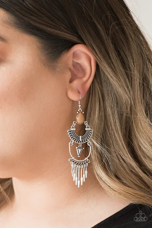 Progressively Pioneer - Oversized Meerkat Brown Tribal Flared Rods Stacked Teardrop Fringe Earrings E#6244