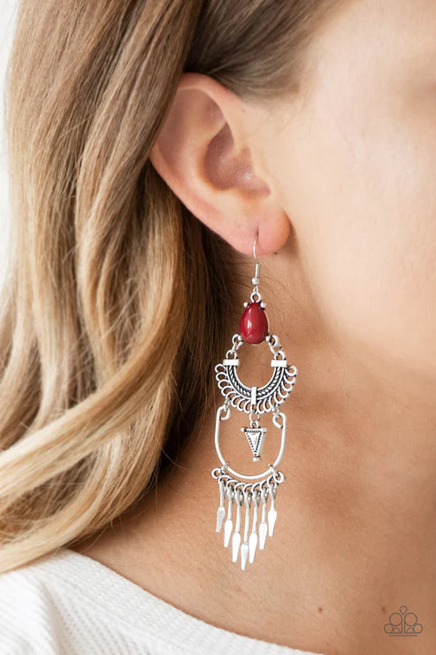 Progressively Pioneer - Oversized Rich Red Tribal Flared Rods Stacked Teardrop Fringe Earrings E#2958