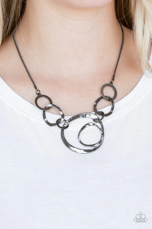 Progressively Vogue - Black Hammered Textured Interlock Abstract Circle Necklace N#7253
