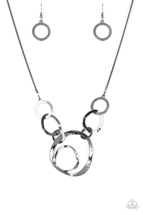 Progressively Vogue - Black Hammered Textured Interlock Abstract Circle Necklace N#7253