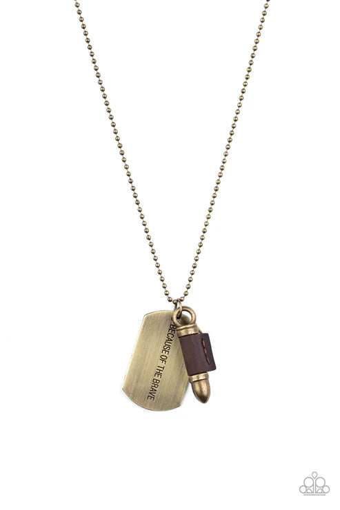 2-Piece Oversized Brown/Brass 3D Studded Bullet/Dog Tag Stamped Patriotic "Because of the Brave" Ball Chain Clasp Leather Urban Set  SET#1742