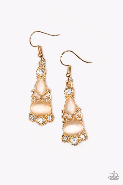 Push Your LUXE - Gold Oval Cat's Eye Moonstone Encrusted Teardrop Earrings E#3026