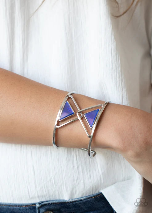 Pyramid Palace - Oversized Blue Iridescent Airy Duo Overlapped Dotted Triangle Pyramid Cuff Bracelet B#5687