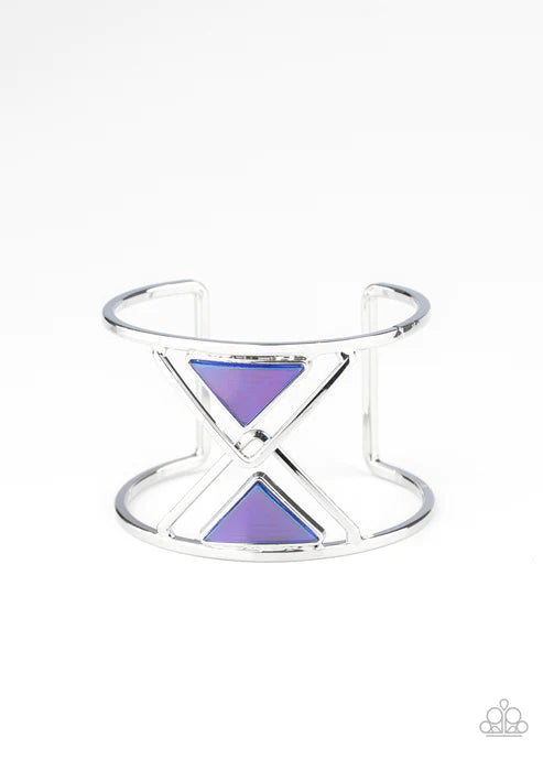 Pyramid Palace - Oversized Blue Iridescent Airy Duo Overlapped Dotted Triangle Pyramid Cuff Bracelet B#5687