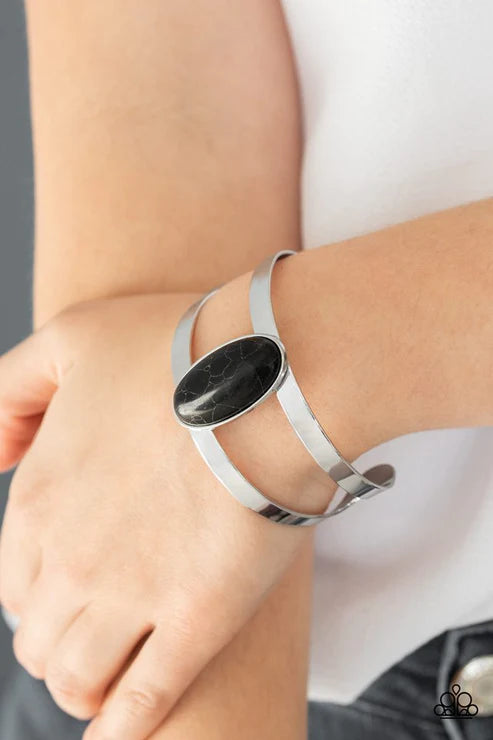Quarry Queen - Oversized Black Oval Stone Nestled Duo Curled Airy Cuff Bracelet B#5805