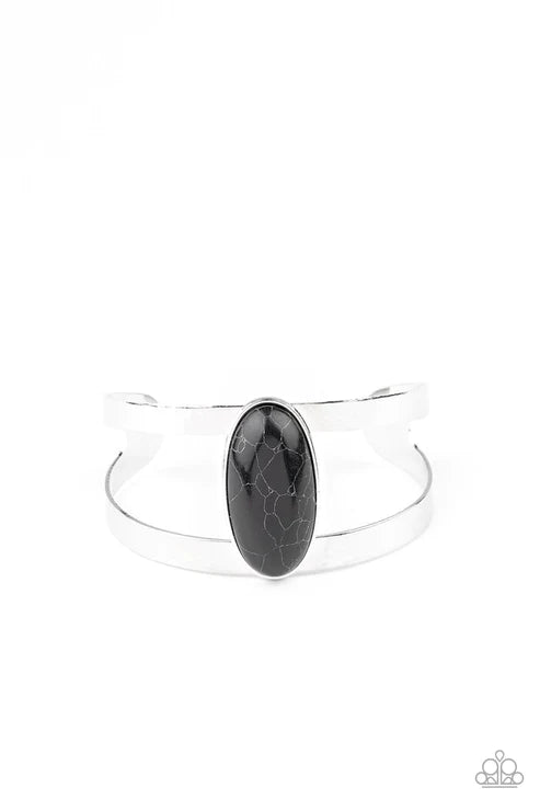 Quarry Queen - Oversized Black Oval Stone Nestled Duo Curled Airy Cuff Bracelet B#5805