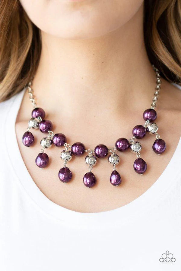 Queen Of The Gala - Oversized Purple/Silver Pearl Asymmetrical Fringe Necklace N#6793