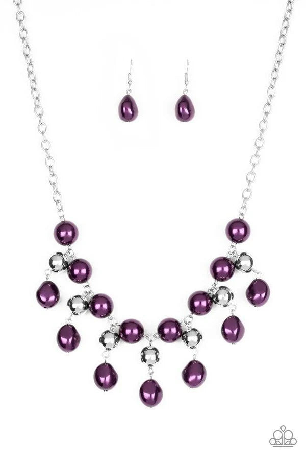Queen Of The Gala - Oversized Purple/Silver Pearl Asymmetrical Fringe Necklace N#6793