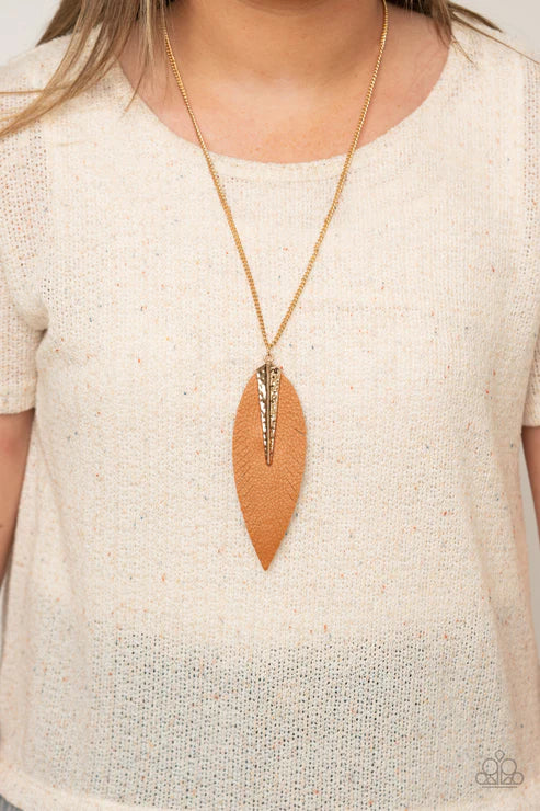Quill Quest - Oversized Gold/Brown Hammered Pinched 3D Spliced Feathery Leaf Necklace N#2779