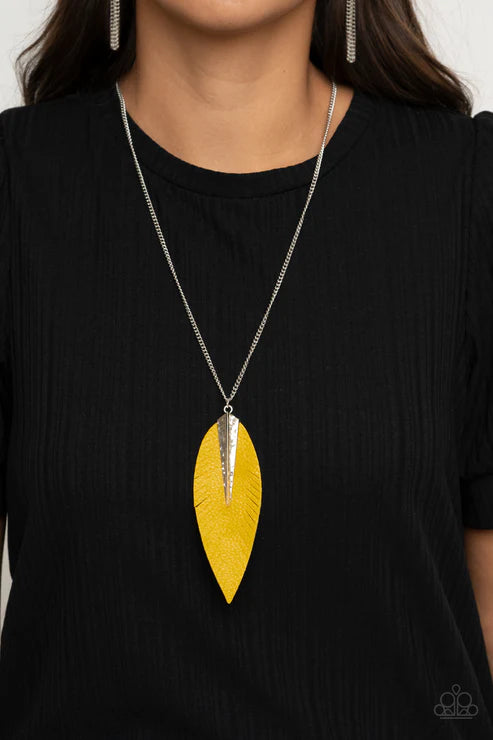 Quill Quest - Oversized Yellow Hammered Pinched 3D Spliced Feathery Leaf Leather Necklace N#7290