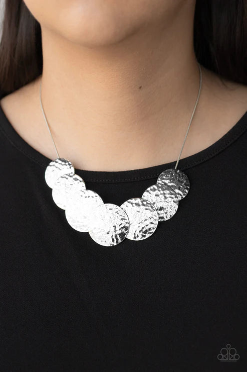 RADIAL Waves - Silver Overlapped Hammered Disc Slide Along Rounded Snake Chain Necklace N#3224