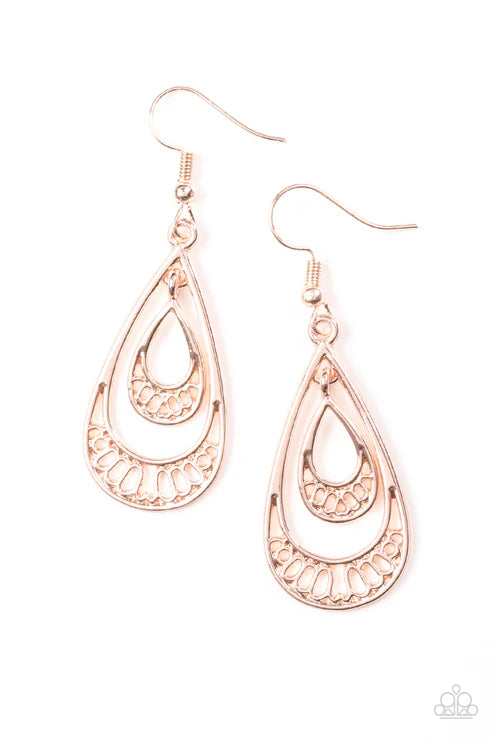 REIGNed Out - Rose Gold Airy Stenciled Bottoms Teardrop Drip Earrings E#6242