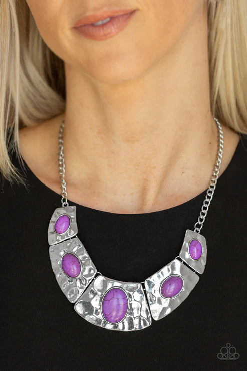 RULER In Favor - Purple Dotted Stone Hammered Plates Link Accent Necklace N#3990