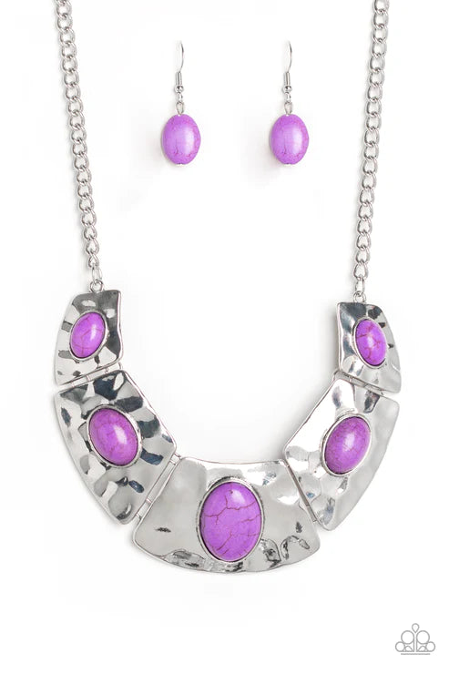 RULER In Favor - Purple Dotted Stone Hammered Plates Link Accent Necklace N#3990