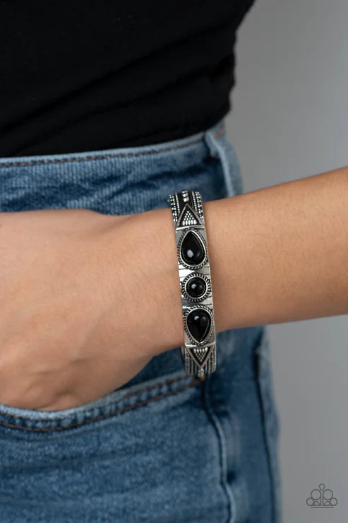 Radiant Ruins - Black Studded Tribal Hinge Bangle Cuff Bracelet B#4441