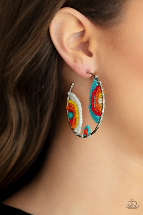 Rainbow Horizons - Oversized Multi (Rainbow-Blue/Red/Orange/Yellow/White) Curled Rainbow Seed Bead Wrapped Hoop Earrings E#5663