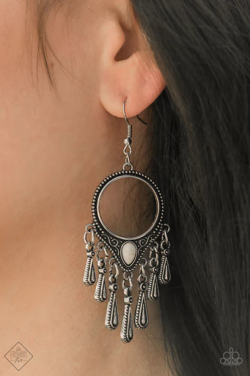 Ranger Rhythm - Oversized White Dramatic Decoratively Studded Silver Hoop Flares Stone Accent Musical Fringe Decorative Silver Teardrop Musical Movement Earrings E#7381