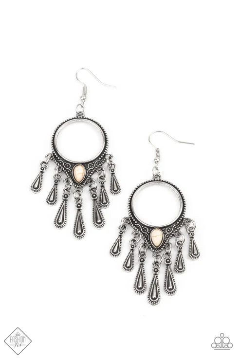 Ranger Rhythm - Oversized White Dramatic Decoratively Studded Silver Hoop Flares Stone Accent Musical Fringe Decorative Silver Teardrop Musical Movement Earrings E#7381