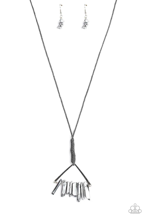 Raw Talent - Oversized Silver Hematite Triangular Threaded Knot Crystal Necklace N#4549