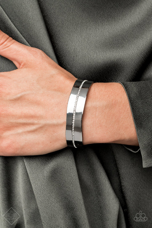 Raw Razzle - Oversized Black Rows Glassy White Encrusted Down The Center Imperfectly Shaped Gunmetal Cuff Edgy Shimmer Bracelet B#7367