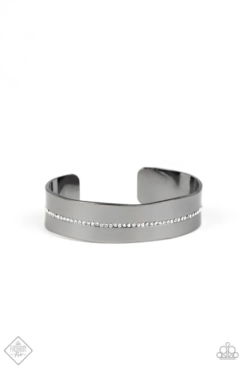 Raw Razzle - Oversized Black Rows Glassy White Encrusted Down The Center Imperfectly Shaped Gunmetal Cuff Edgy Shimmer Bracelet B#7367