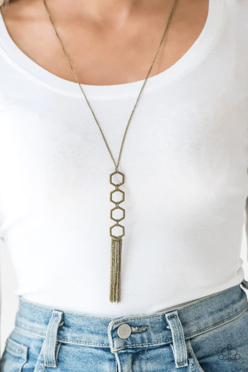 Ready, Set, GEO! - Brass Hexagon Tassel Necklace N#4079