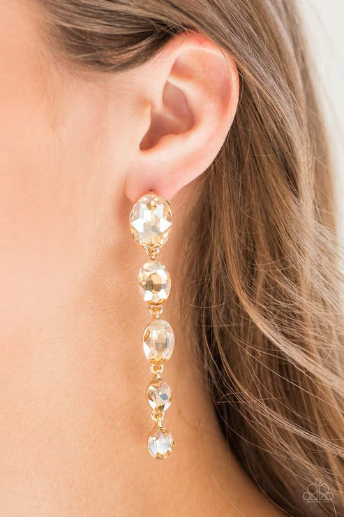 Red Carpet Radiance - Oversized Gold (Golden) Gem Trickle Teardrop Earrings E#2895