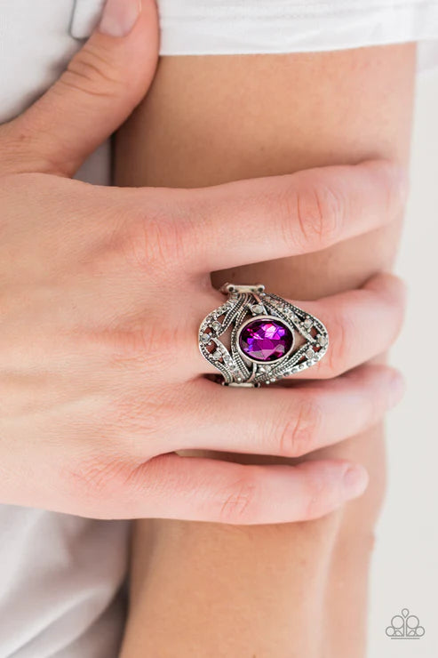 Red Carpet Rebel - Oversized Peacock Pink Hematite Encrusted Studded Whirl Ring R#5631