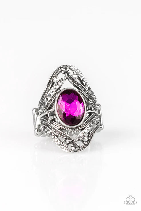 Red Carpet Rebel - Oversized Peacock Pink Hematite Encrusted Studded Whirl Ring R#5631