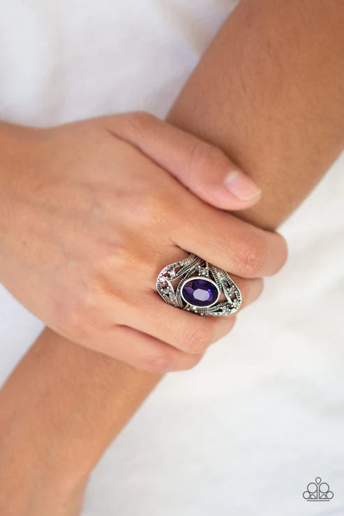 Red Carpet Rebel - Oversized Purple Hematite Encrusted Studded Whirl Ring R#6030
