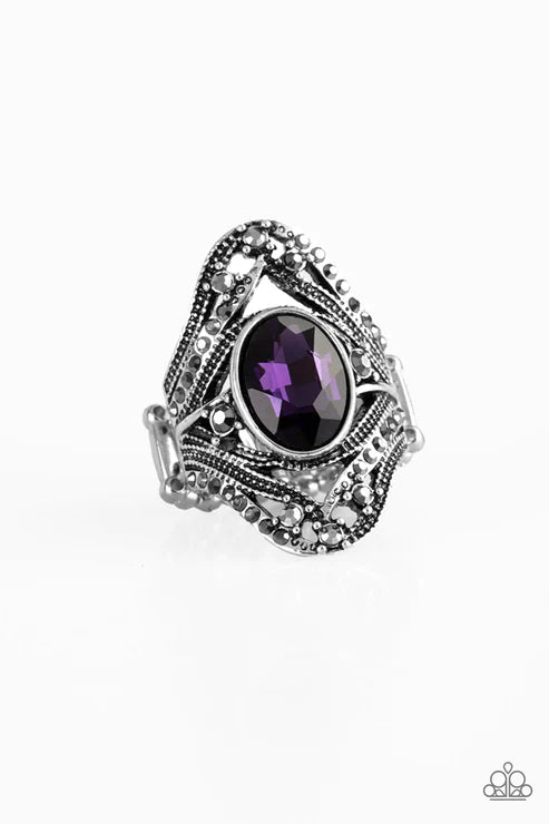 Red Carpet Rebel - Oversized Purple Hematite Encrusted Studded Whirl Ring R#6030