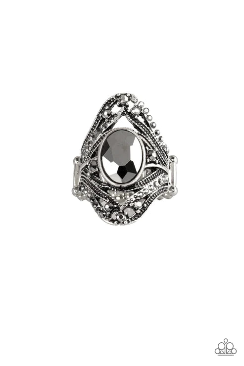 Red Carpet Rebel - Oversized Silver Hematite Encrusted Studded Whirl Ring R#5991