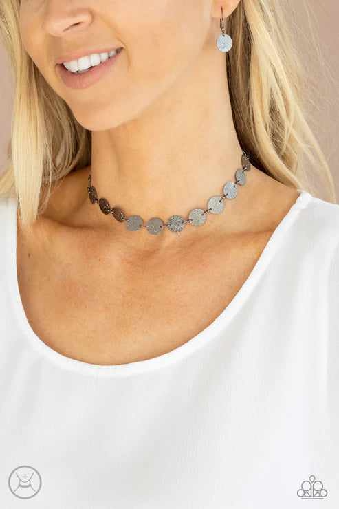 Reflection Detection - Black Shimmer Hammered Disc Choker Necklace N#4438