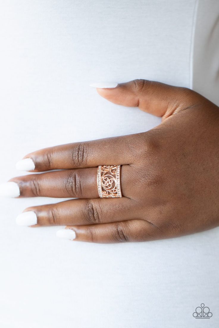Regal Reflections - Oversized Rose Gold Duo Encrusted Coalescing Frilly Filigree Vines Ring R#2034